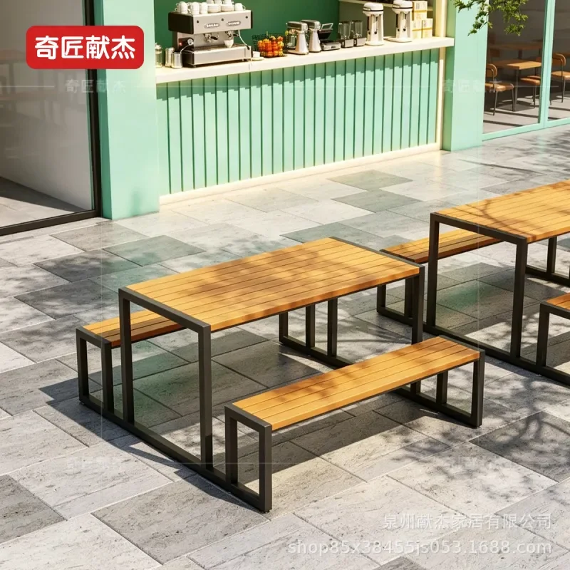 Industrial Metal Outdoor Table and Chair Set Plastic Wood Patio Furniture for Courtyard Balcony Park Milk Tea Shop Leisure