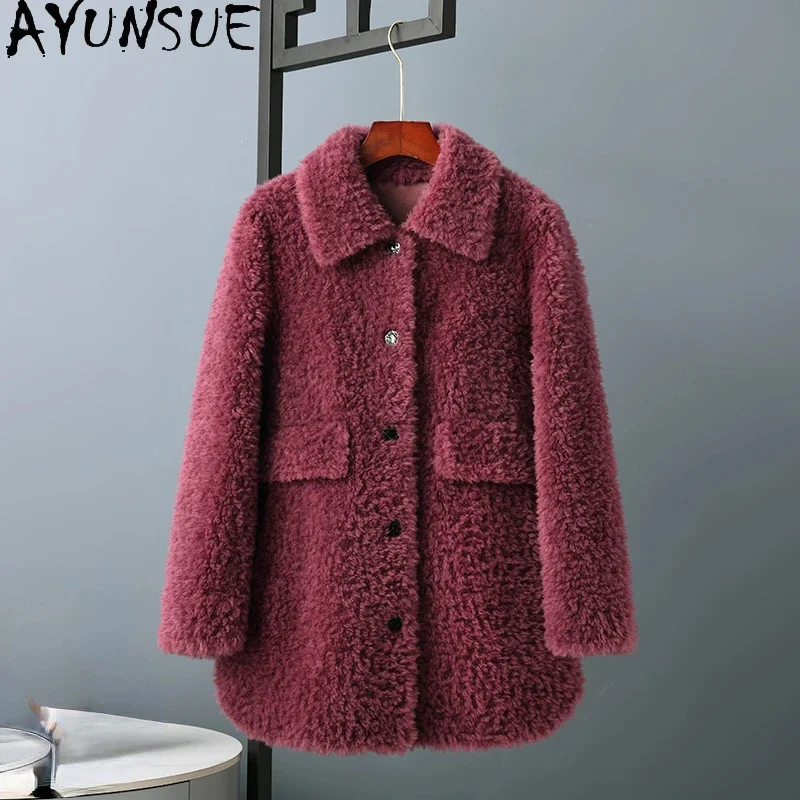 100% AYUNSUE Sheep Shearing Jacket Women Winter 2024 Mid-length Wool Coats Single-breasted Fur Coat Female Outwear Abrigo Mujer