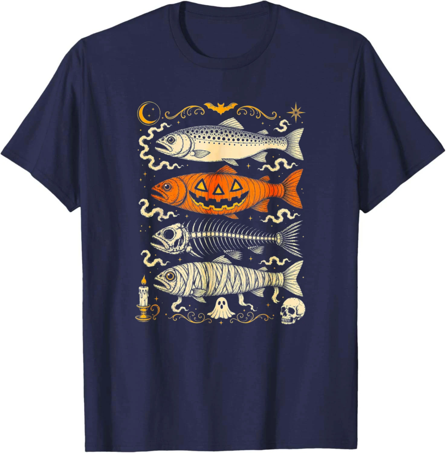 Halloween Trout Fishing Skeleton Mummy Pumpkin Spooky Fish T-Shirt Cotton Women Mens Clothing Tops Graphic T Shirts Camiseta