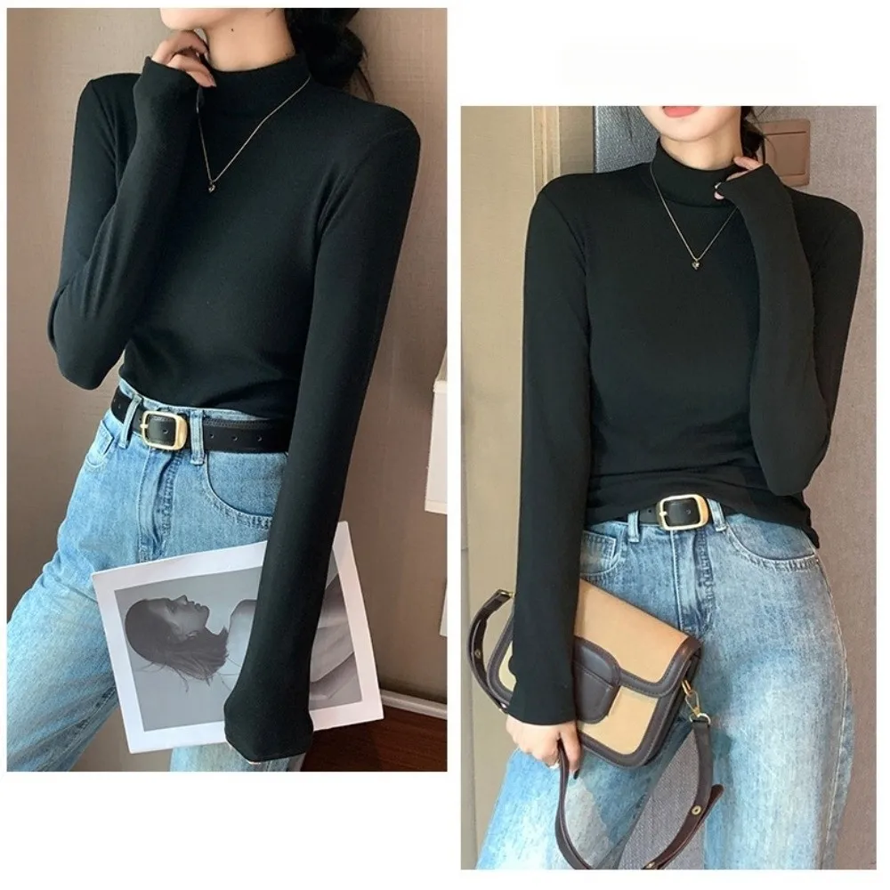 T-shirt thermique à col demi-haut, coupe ajustée, en velours élastique, à manches longues, vêtement intérieur chaud pour l'automne et l'hiver.