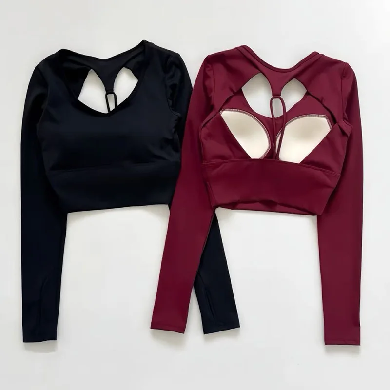 Sexy sem costas yoga wear feminino tripulação pescoço manga longa emagrecimento curto roupa de fitness com almofadas no peito camiseta de secagem rápida topo