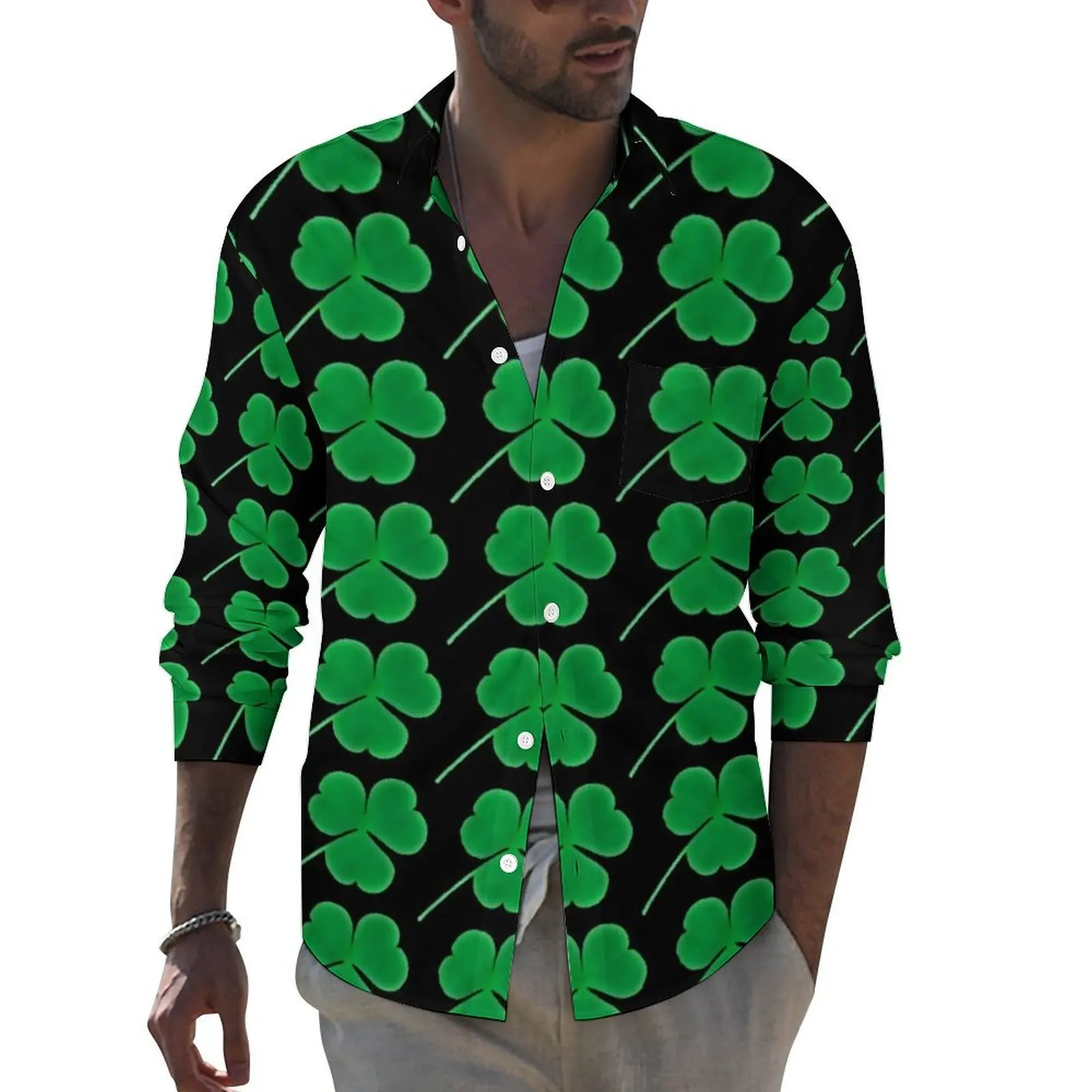 Green Shamrock Casual Shirts Men St Patricks Day Irish Shirt Long Sleeve Retro Aesthetic Blouses Autumn Graphic Tops Plus Size