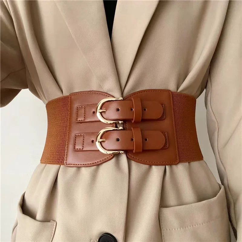 High sense retro pin buckle waist seal elastic elastic wide  display picture 1