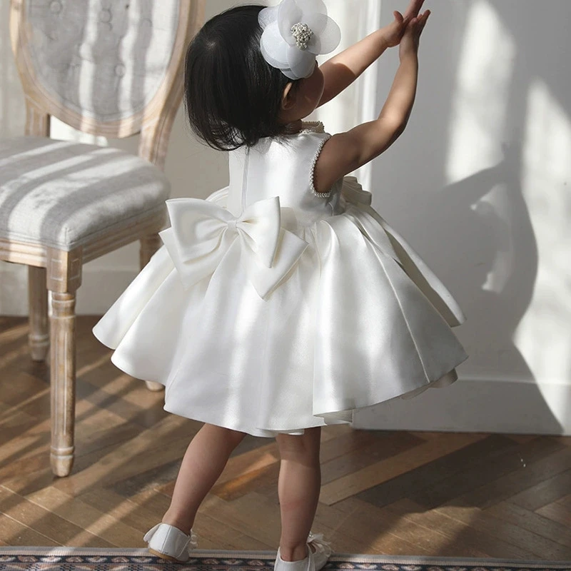 Vestido de satén coreano para el primer cumpleaños de bebé, disfraz de princesa para niña de las flores, atuendo blanco para fiesta de Eid, vestido de bautizo para niña