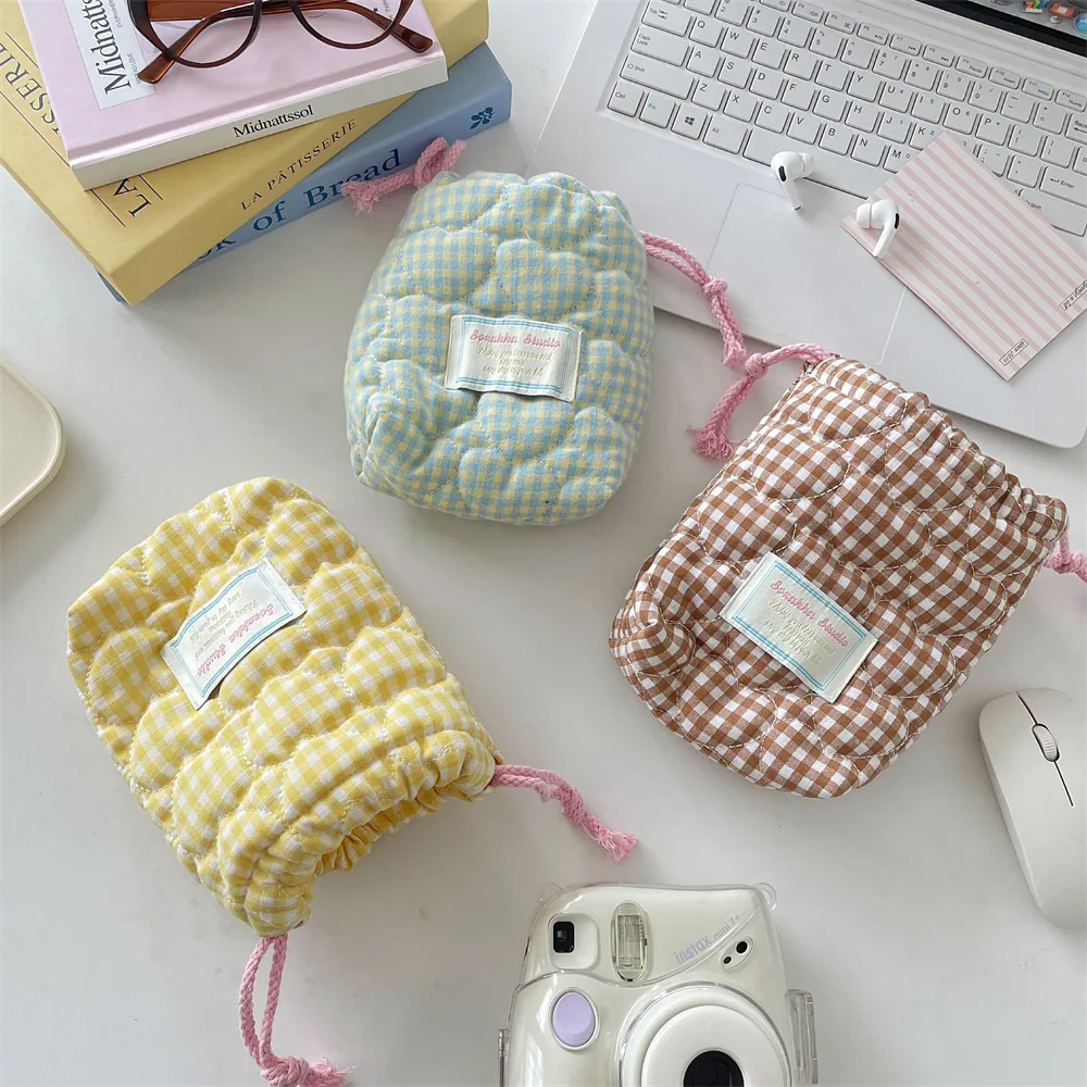 Gewatteerde liefde dames camera opbergtas snoep contrasterende kleur geruite vrouwelijke cosmetische tas draagbare trekkoord meisjes clutch waszakken