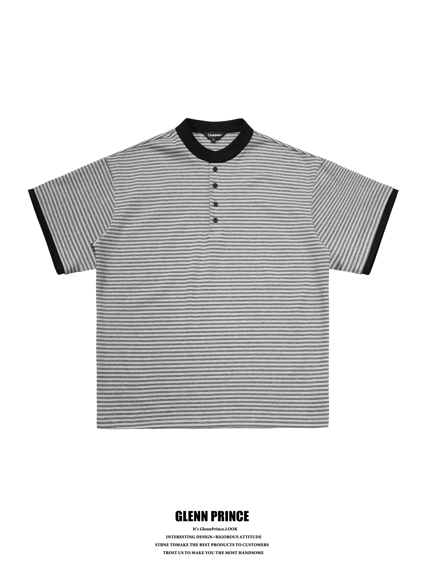 

American Retro Striped Henry Collar Short Sleeve T-Shirt Men Summer Loose Style Cotton Polyester Blend Breathable Casual Top