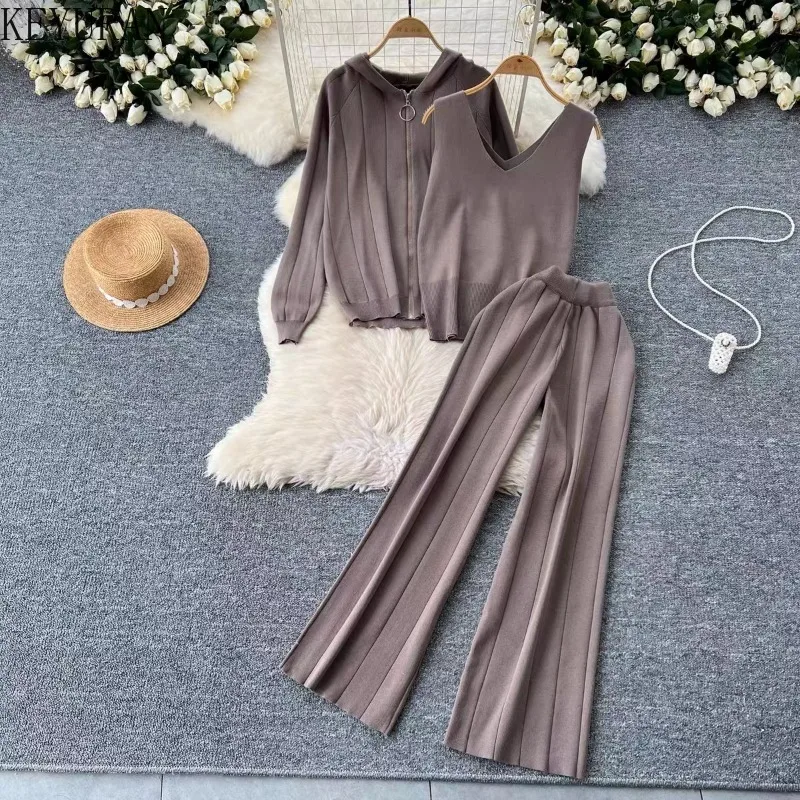 Autumn Winter Knitted 3 Piece Sets Women Korean Hooded Zipper Cardigan Sweater Coat + Sleeveless Tank Top + Wide Leg Pants Suits