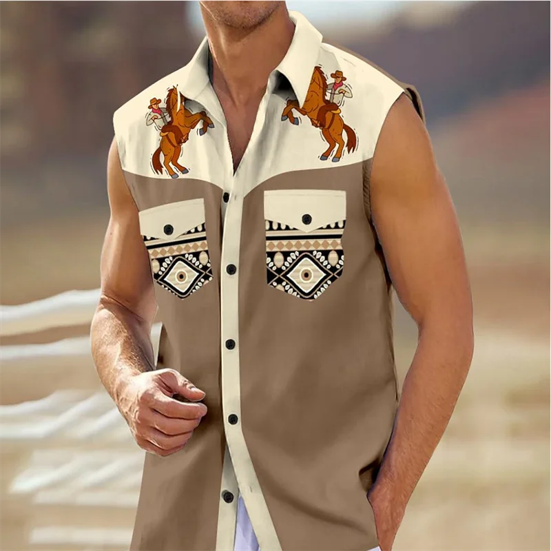 Camisa sin mangas de secado rápido para hombre, estampado 3D, botón de fiesta, viento étnico, vacaciones en la playa, tendencia de moda, novedad de verano