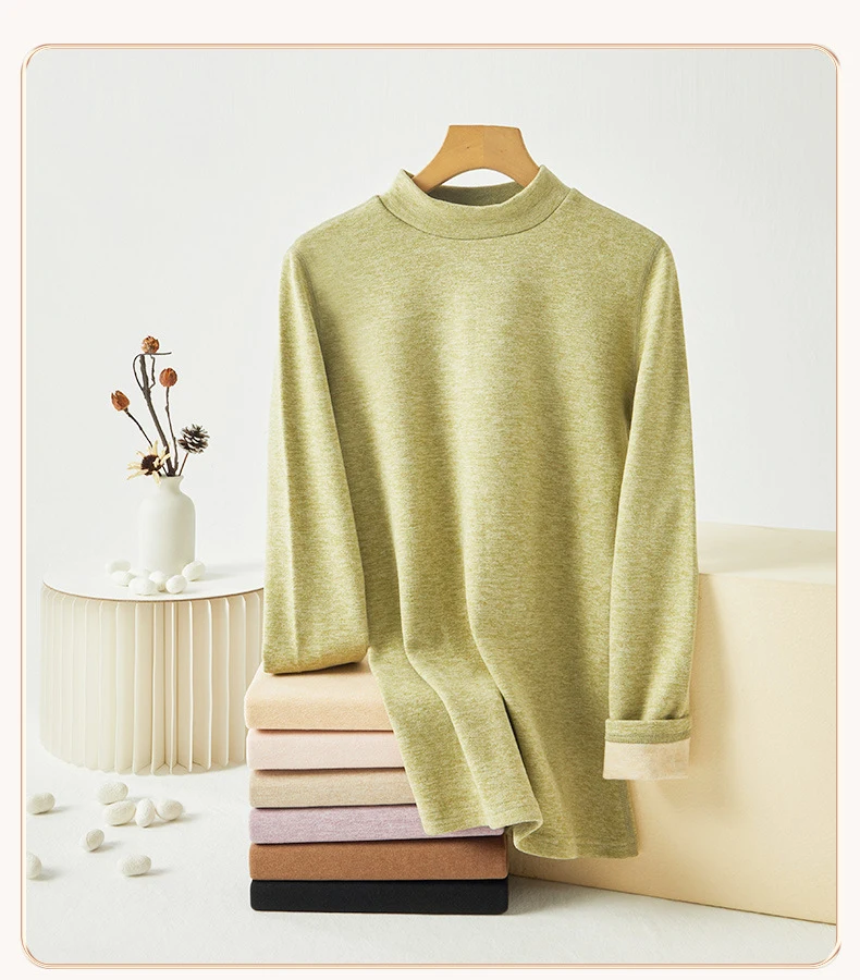 Damen-Thermo-Unterwäsche aus Kaschmirseide, Thermoshirts, warme Hosen, verdickte, einfarbige, halbrollkragenartige Oberteile, langärmlige Winterkleidung. – Detail 3