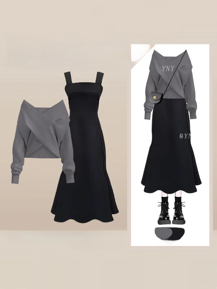 

Ort Вязаный комплект с юбкой V-Ne Fi Tail Женская мода для похудения Осенняя одежда Юбка-миди с высокой талией Long Sve Ensemble