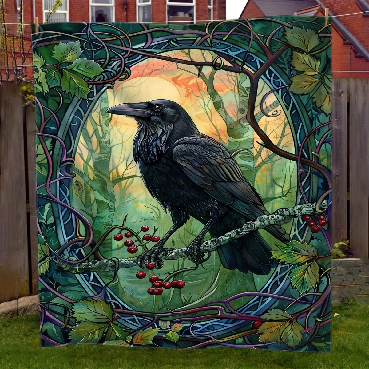 Industrial Raven and Cherry Branch Art Print Blanket Soft All Season Couch Sofa Bed Throw Blanket