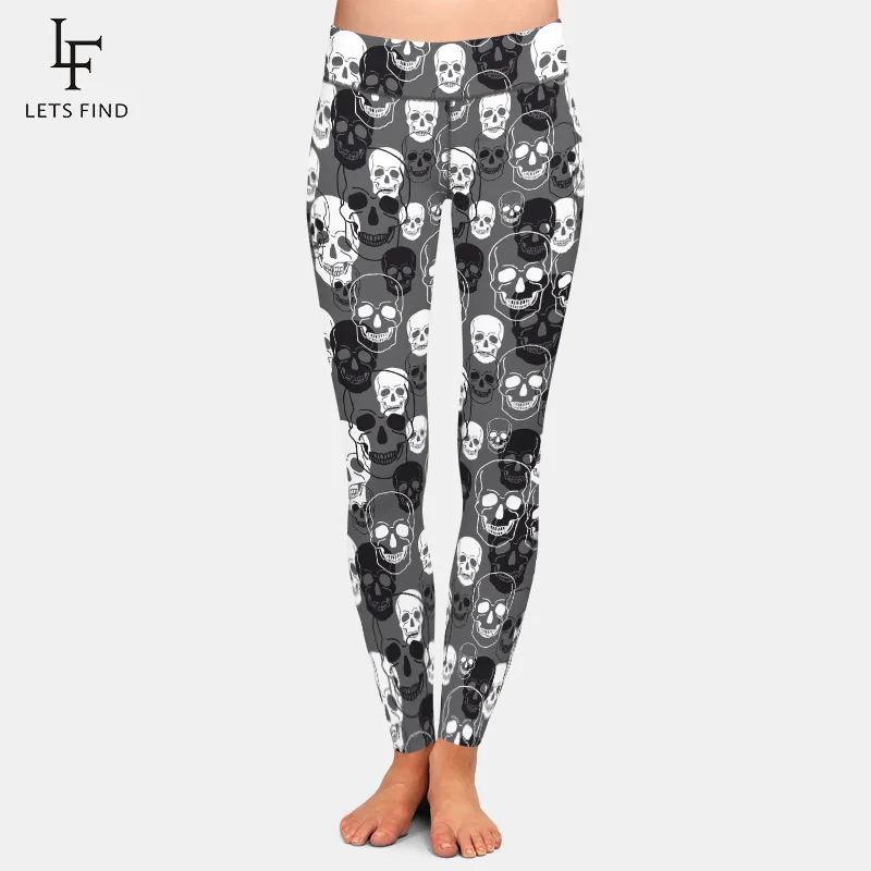 

LETSFIND 2020 New Arrival 3D Skulls Pattern Milk Silk Print Women Fitness Elastic Leggings High Wiast Full Leggings