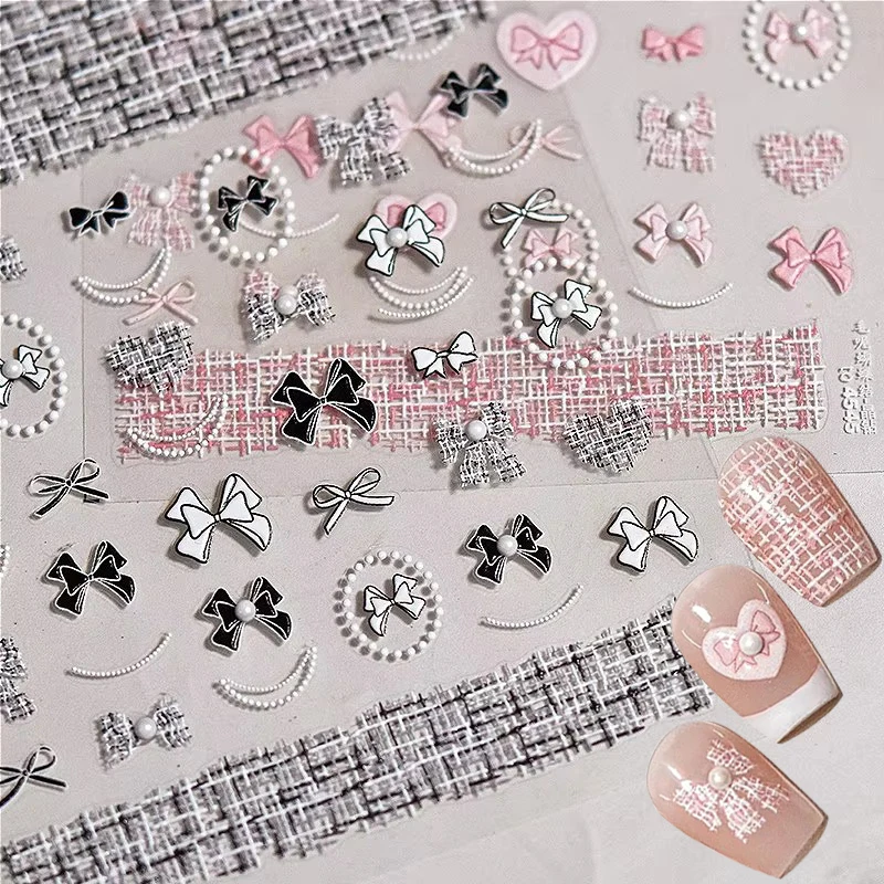 French Elegant Lattice Pearl Heart Bowknot Leopard Print Ribbon Rhinestone Bow Tie Nail Art Stickers Decorations Manicure Decals