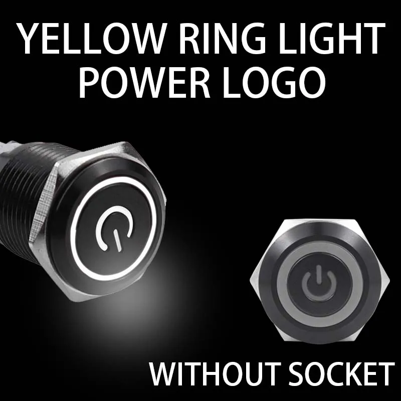 16/19/22 mm wasserdichter Metall-Drucktastenschalter mit Sockel, LED-Ring-/Leistungslicht, kurzzeitig verriegelnd, 5/12/24/220 V, schwarz, 1 Schließer, 1 Öffner
