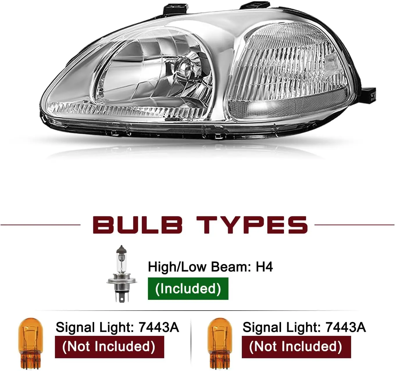 Pair of Headlight Assemblies with Bulbs - Halogen Chrome Housing Clear Reflector Headlamps for 1996-1998 Civic (Driver and Passe