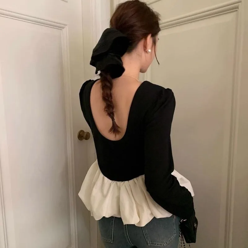 O-neck T-shirts Women Backless Ruffles Panelled Long Sleeves Sweet Girls Lovely Trendy Leisure Autumn New Korean-style Gentle