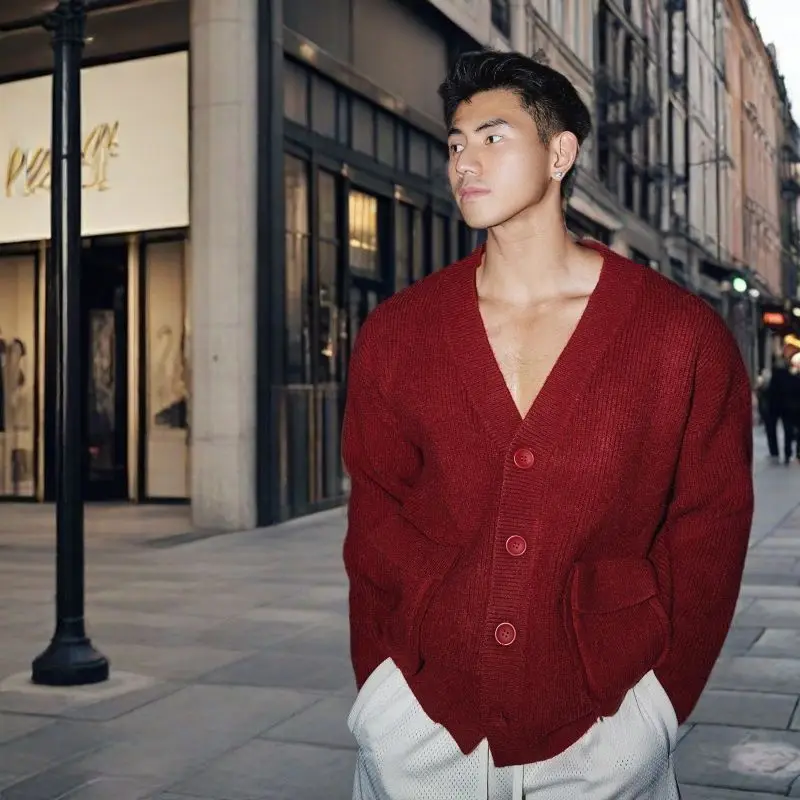 American V-neck plush knitted cardigan for autumn and winter, gentle, soft, lazy and versatile sweater jacket for men