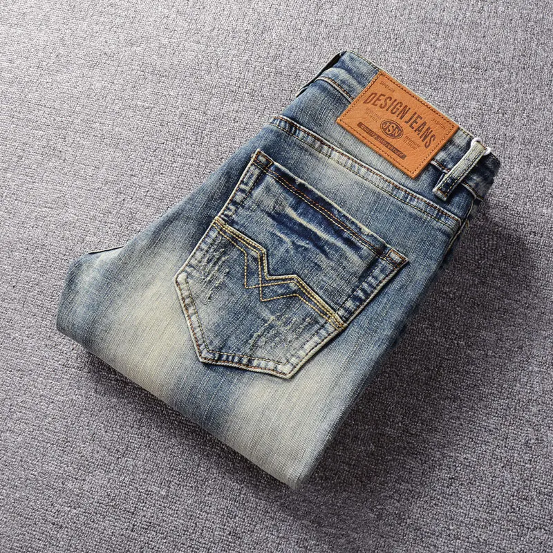 Newly Fashion Designer Men Jeans High Quality Retro Washed Blue Stretch Slim Fit Ripped Jeans Embroidery Vintage Denim Pants Men