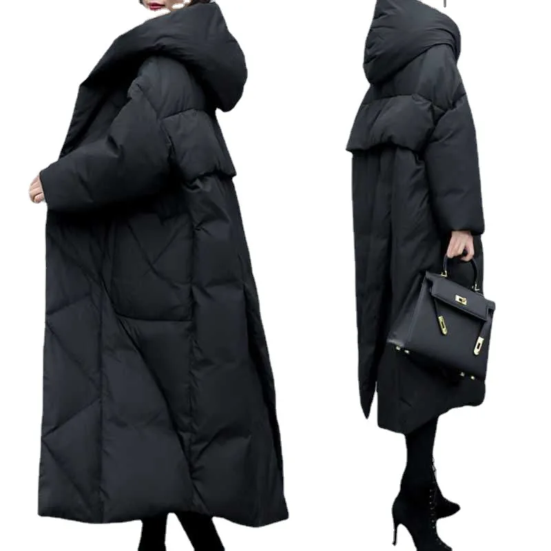 Parkas optiques longues pour femmes, vestes épissées à capuche zippées, manteau coréen Y2k, maxi chaud, automne et hiver