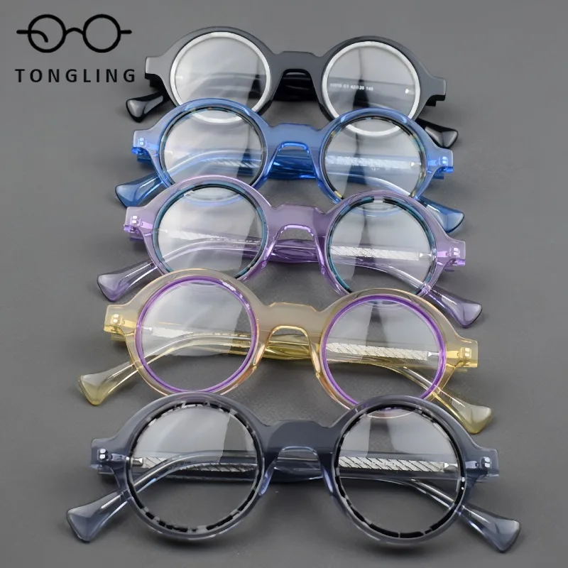High-Quality Fashionable Men Retro Premium Acetate Glasses and Women Handcrafted High-Appearance-Level Patchwork Round Frames