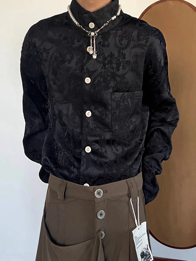 

2026 Spring Fashion Mens Jacquard Shirt Tops Vintage Florals Embroidery Design Button Stand Collar Shirts Men Casual Cardigans