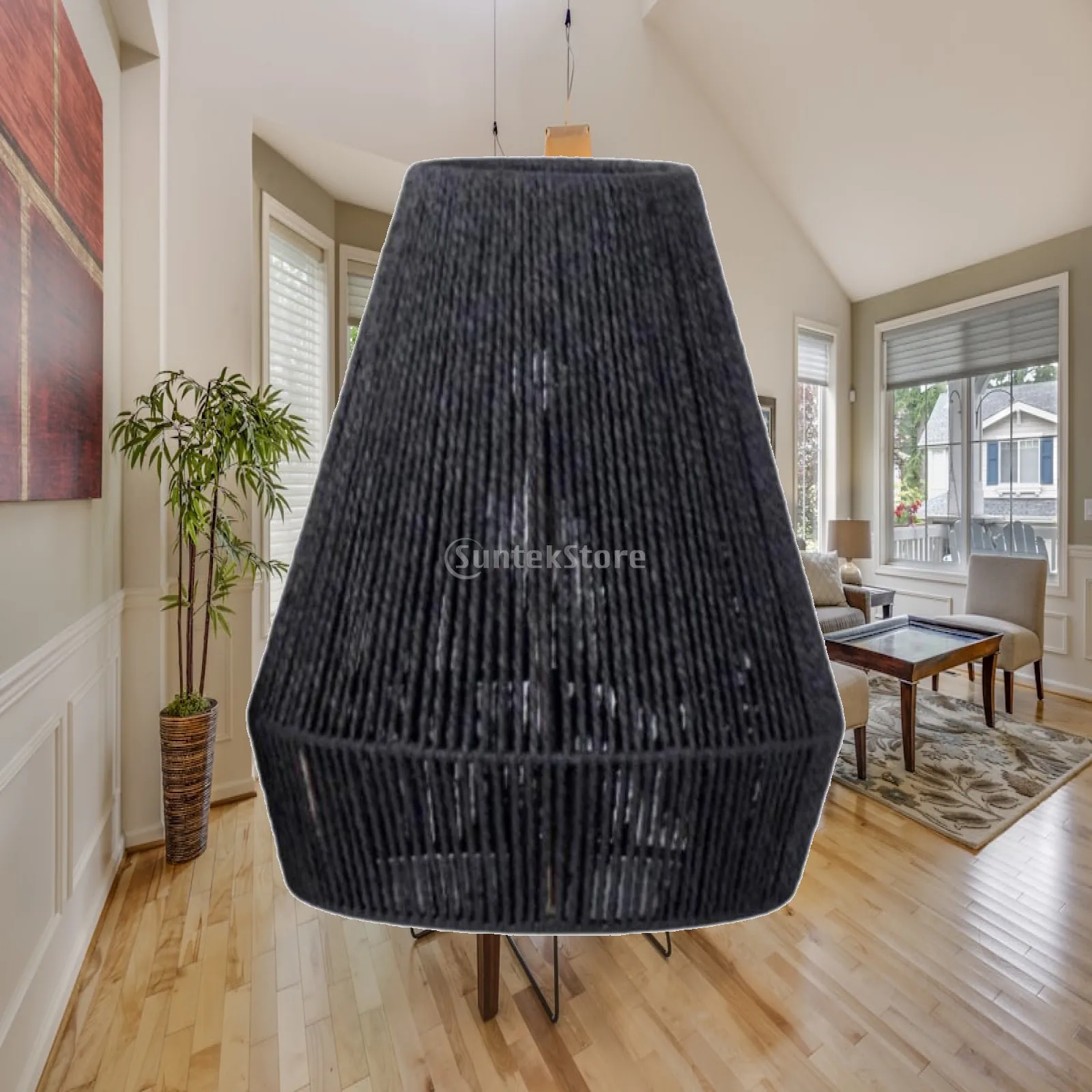 Rustic Paper Rope Hanging Lampshade Woven Ceiling Light Shade for Living Room Dining Room Hotel Vintage Style Decor