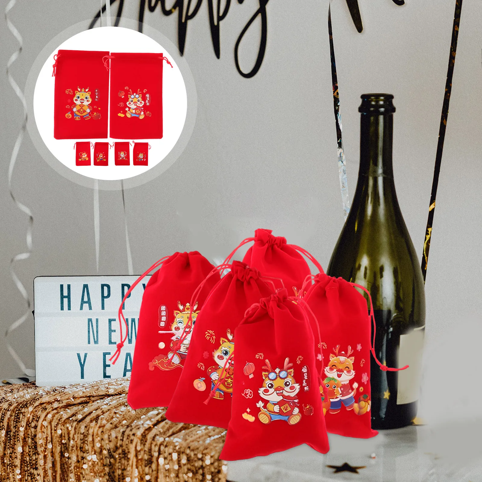 

6Pcs Drawstring Gift Bags Jewelry Pouches Durable Chinese Style Storage Party Favors New Year Candy Bag Jewelry Pouches