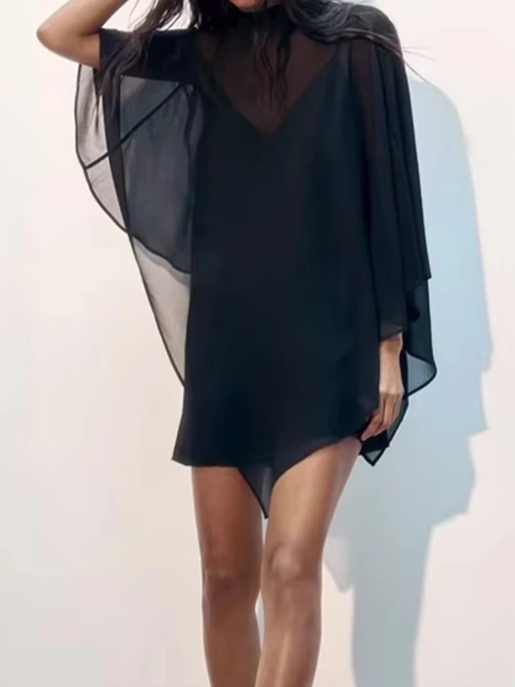 Sexy V-neck Sleeveless Mini Dress & Stand Collar Tops Sets Fashion Mesh Chiffon Suits Women's Elegant Shawl Satin Sling Outfits