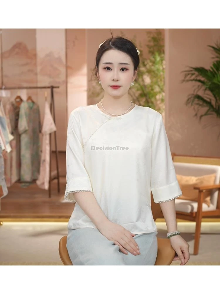 

2025 new retro style solid-color traditional chinese style fashion elegant casual round collar short-sleeved tang suit top t001