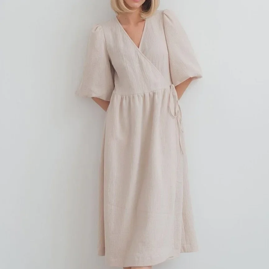 Dolce abito lungo da donna abiti con lacci scollo a V manica a sbuffo solido vita alta femminile una linea ufficio signora estate 2025 maxi abito