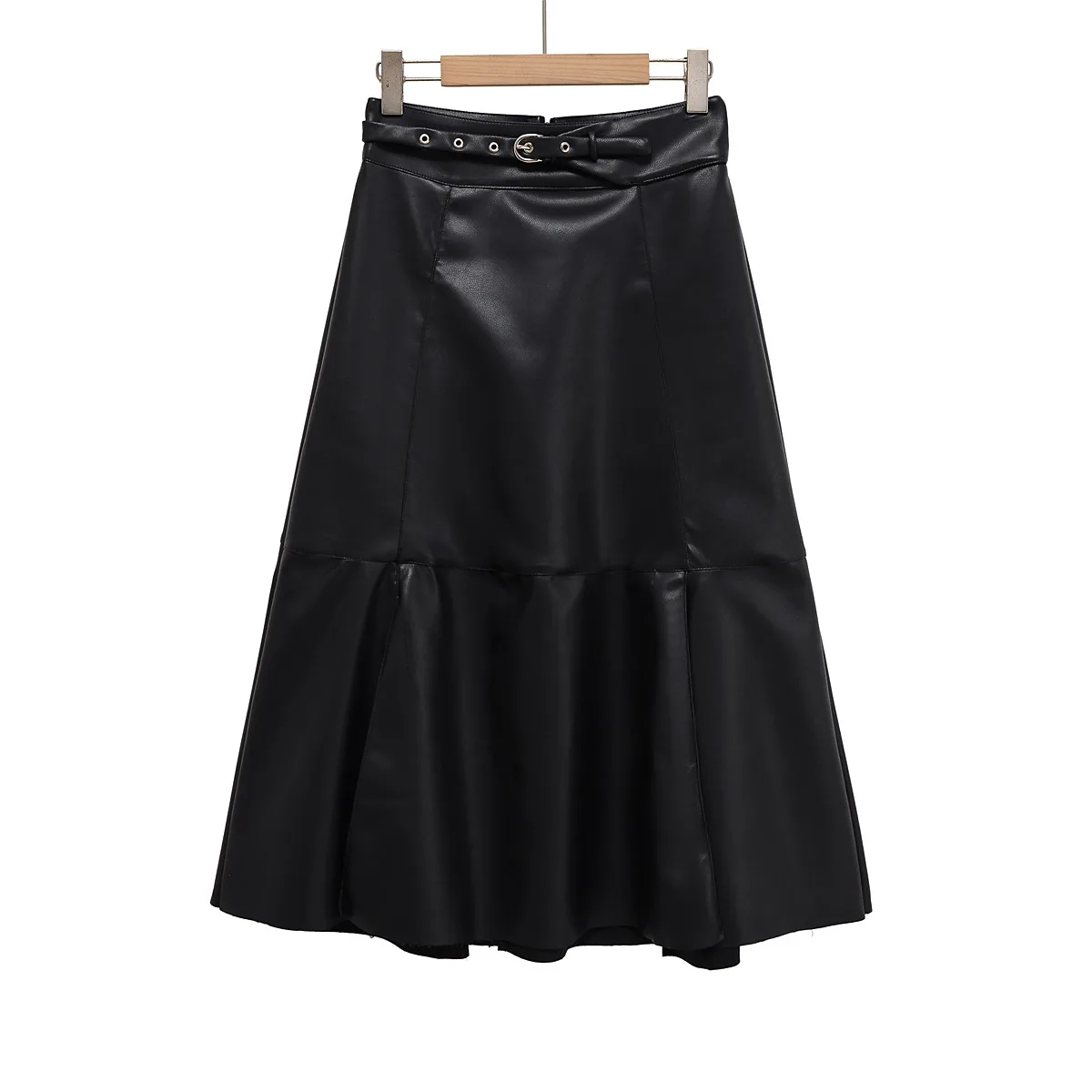 

Woman High Waist Skirt with Belt Buckle Splicing Solid Color Hidden Zipper Pleated A-line Skirt Street Trend Elegant Skirt