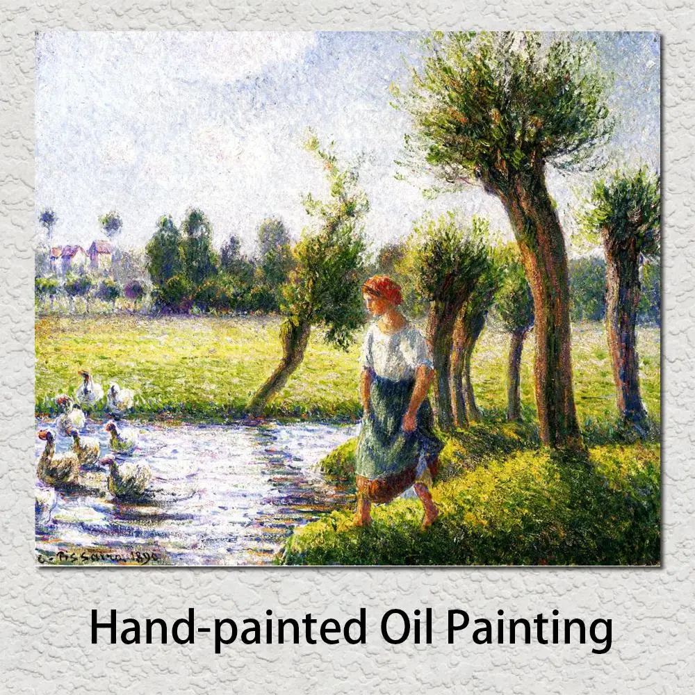 Impressionist Art Peasant Woman Watching The Geese Camille Pissarro Paintings High Quality Hand Painted