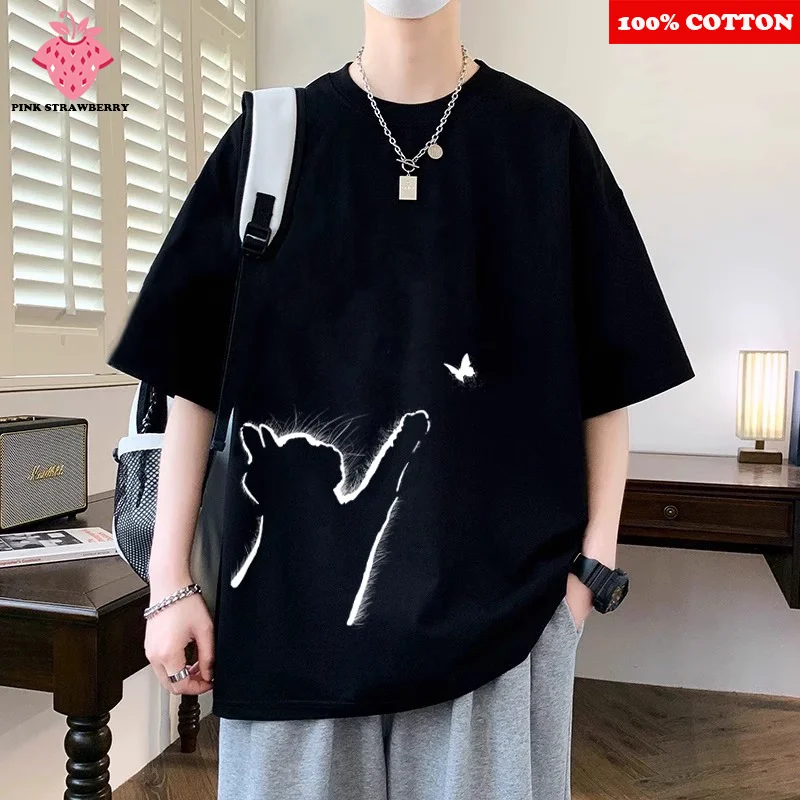 

Cartoon Cat Printe T-shirt Men Summer 2025 New 100% Cotton Short sleeves Tee round neck Loose Casual Y2k Tops Youth men clothing