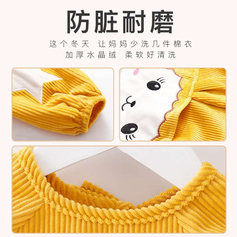 Waterproof Toddler Bib with Sleeves Crystal Velvet Apron Long Sleeve Feeding Smock Anti-Stain Baby Eating Bib for Autumn Winter