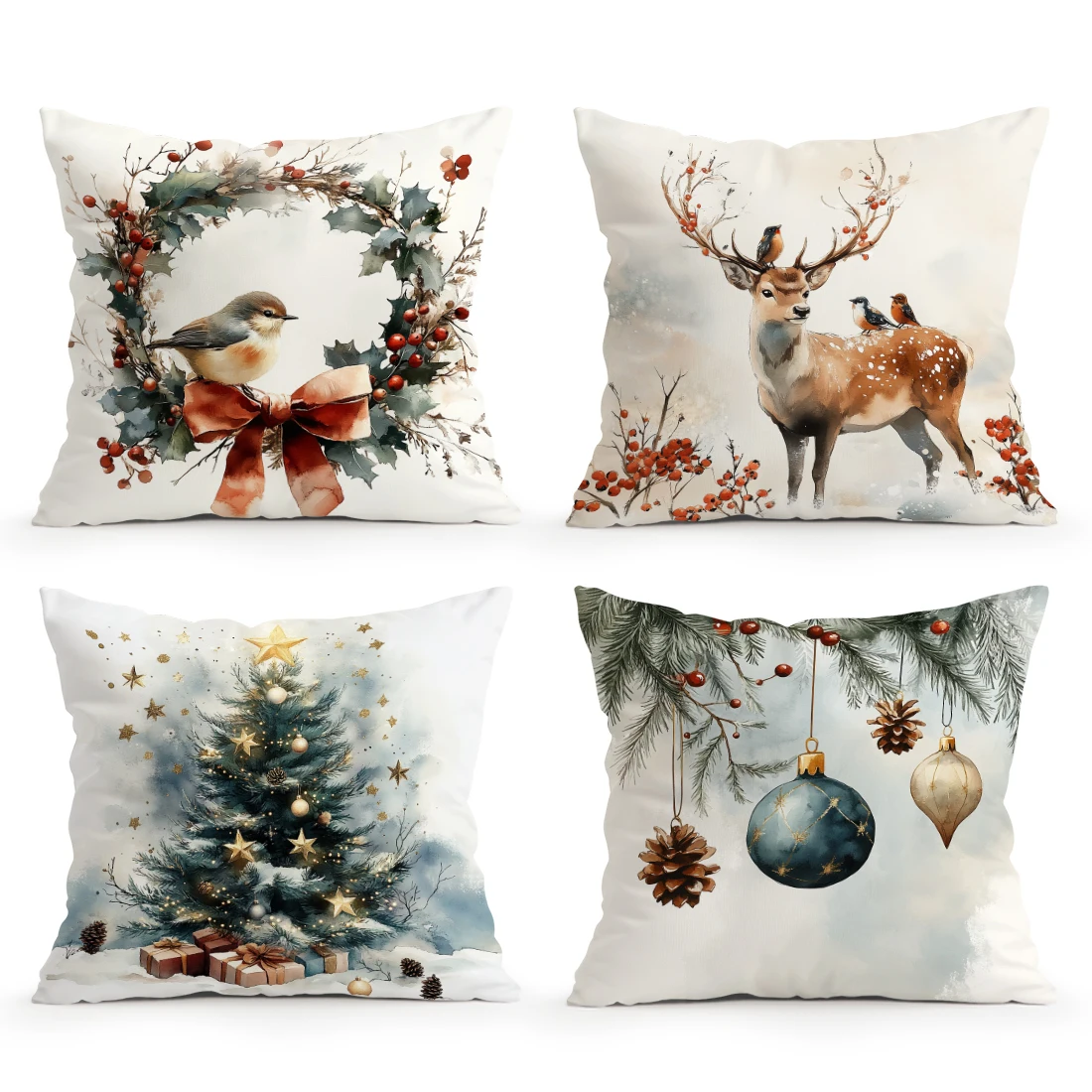

Рождественские акварельные украшения с принтом, чехол для подушки из персиковой кожи, бархатная комната, домашний диван, гостиная, офис, автомобиль, простота, наволочка