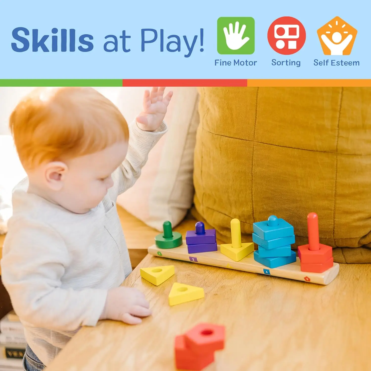 Stack and Sort Board - Wooden Educational Toy With 15 Solid Wood Pieces