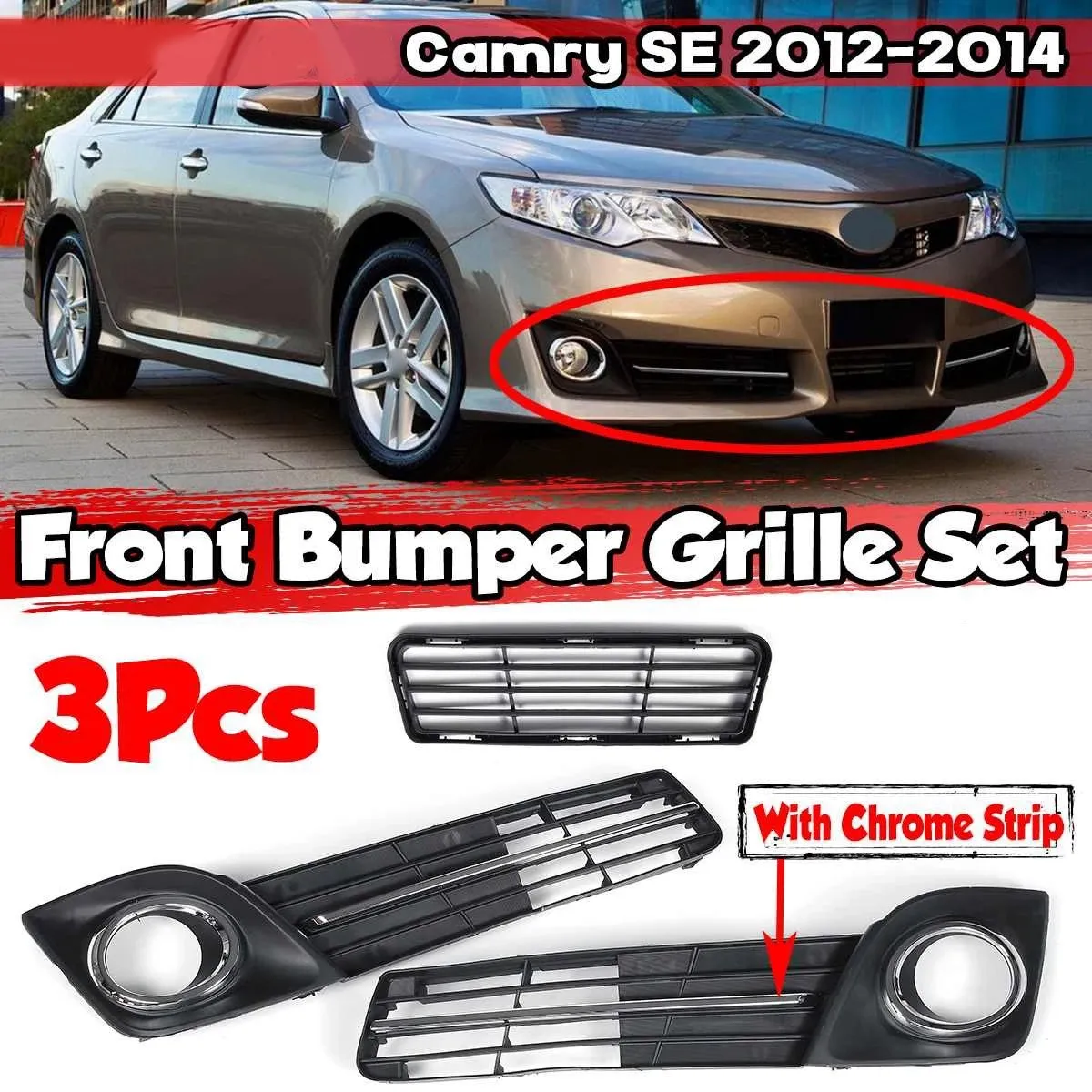 ABS Plastic 3Pcs Car Front Bumper Lower Grille Grill Fog Lamp Cover Bezel Set for Toyota Camry SE 2012 2013 2014