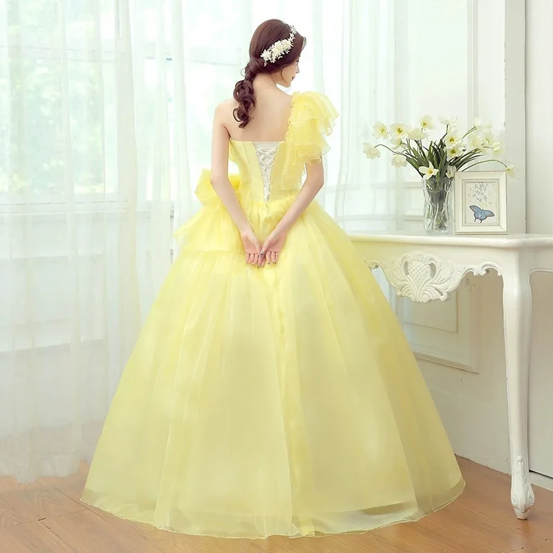 Light Yellow Quinceanera Dresses Lace Up Flowers Prom Party Gown Floor Length One Shoulder vestidos de 15 quinceañera