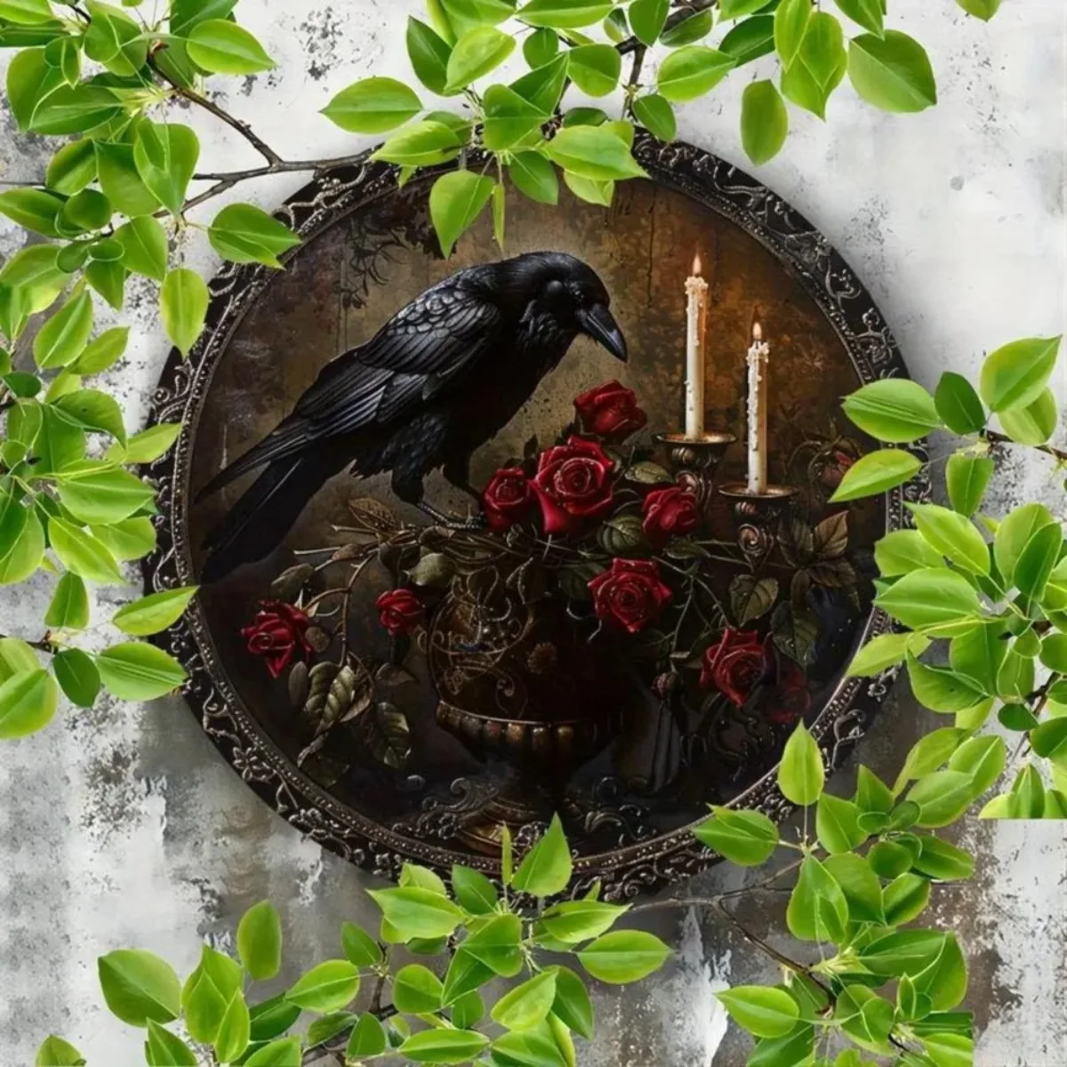 E-commerce Title: Round Wall Art – Vintage Metal Raven Design Sign, Stylish Wall Ornament for Home/Café/Garage