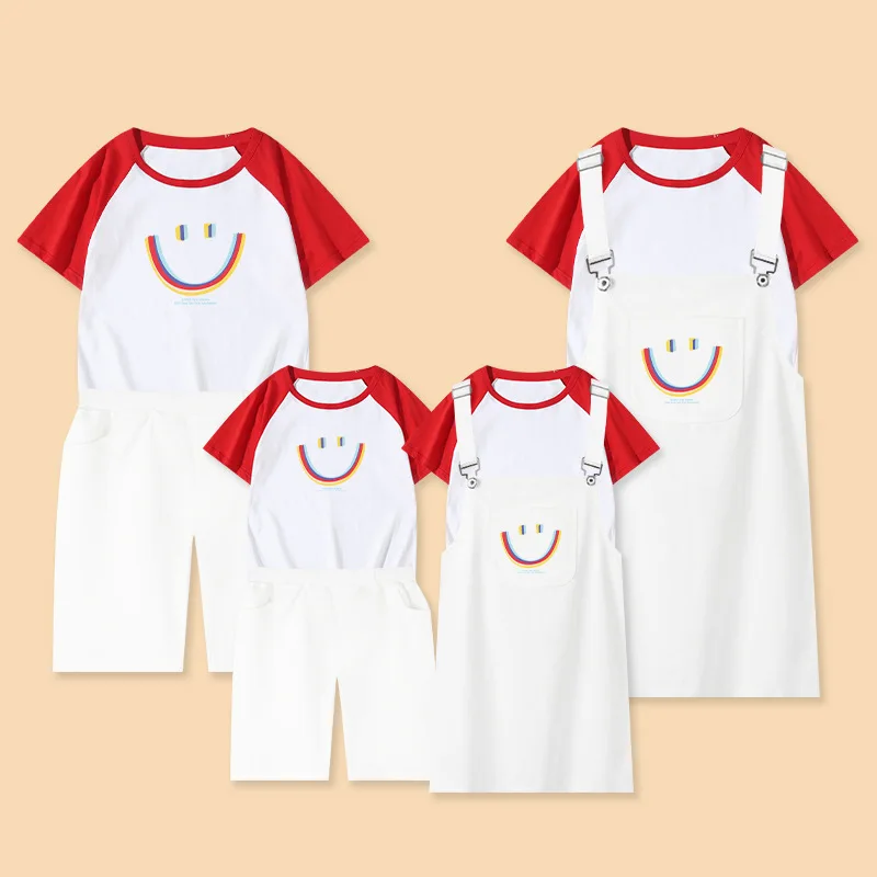 Mother Daughter Family Set Mom Dad Son Family Look Matching Clothes Matching Outfits Strap Dress Sets Cotton Shirts Summer Tees