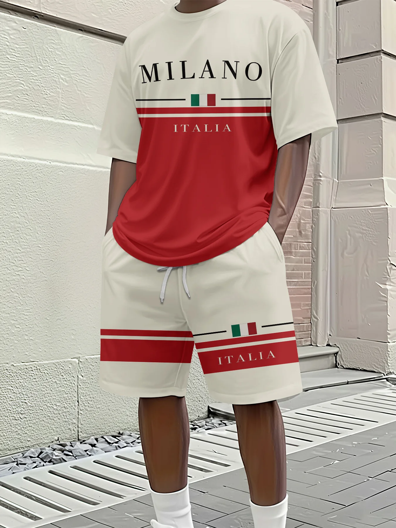 

Men's Beige Milano Italia Flag Print Casual Shorts Y2K Oversized Casual Suit Suitable for Daily and Training Wear 2026