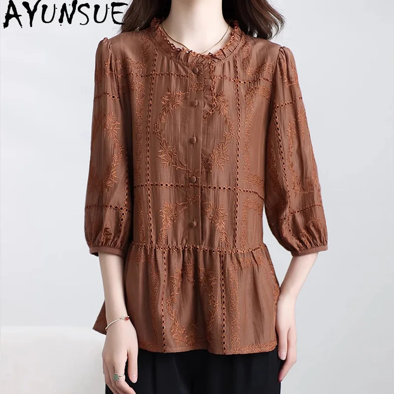 

AYUNSUE Mulberry Silk Women T Shirts French Court-style Embroidered Silk Tops for Woman Retro Summer Woman Clothes Топ Женский