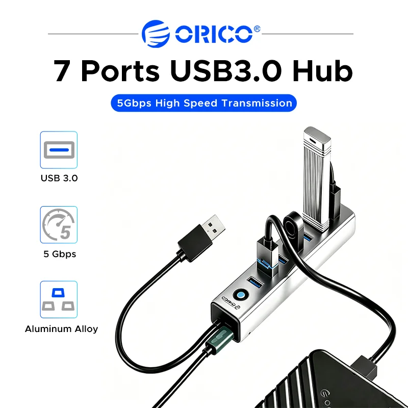 ORICO 7 Ports USB3.0 Hub 5Gbps Aluminum USB-A Splitter With Type-C Power Supply Port Multi USB Extension Adapter For Laptop PC