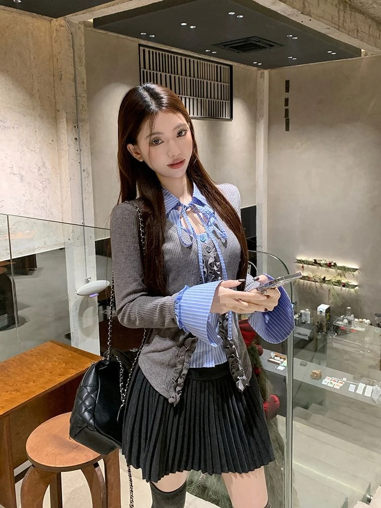 

Women's 2026 Spring Knit Cardigan Two in One Design Checkered Lace Trim Long Sleeve Tie Belt Slimming Feminine Elegance​