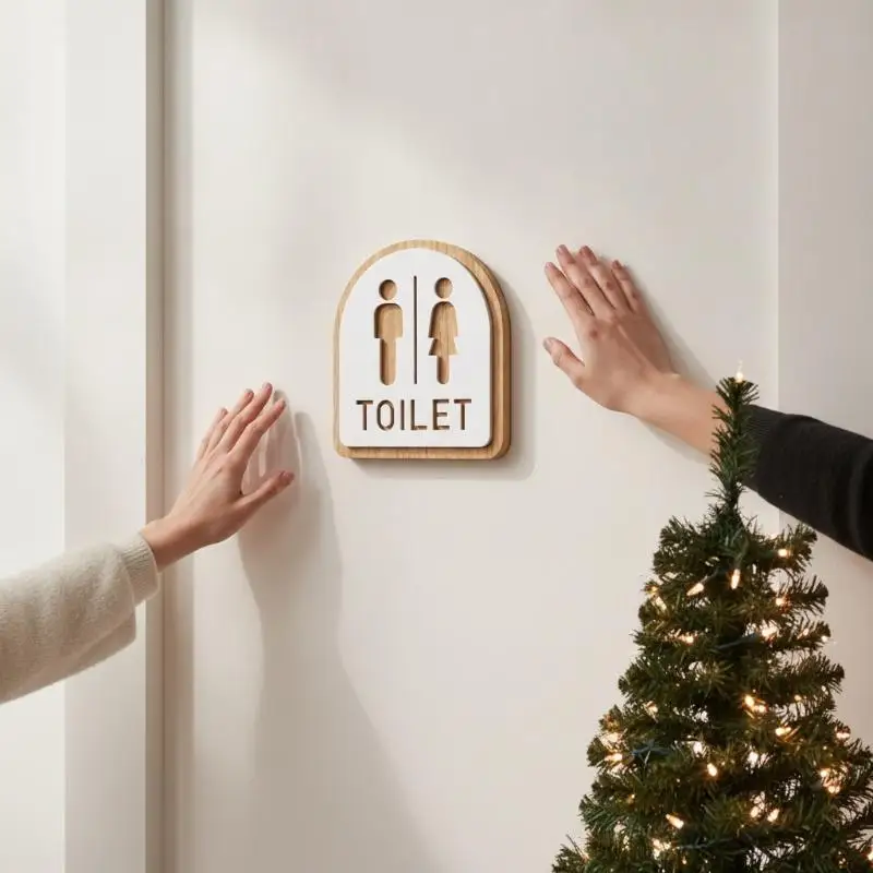 Wooden Public Toilet Sign Easy Mount Men Women Restroom Indicator Nameplate Wall Decor for Station Airport Washroom