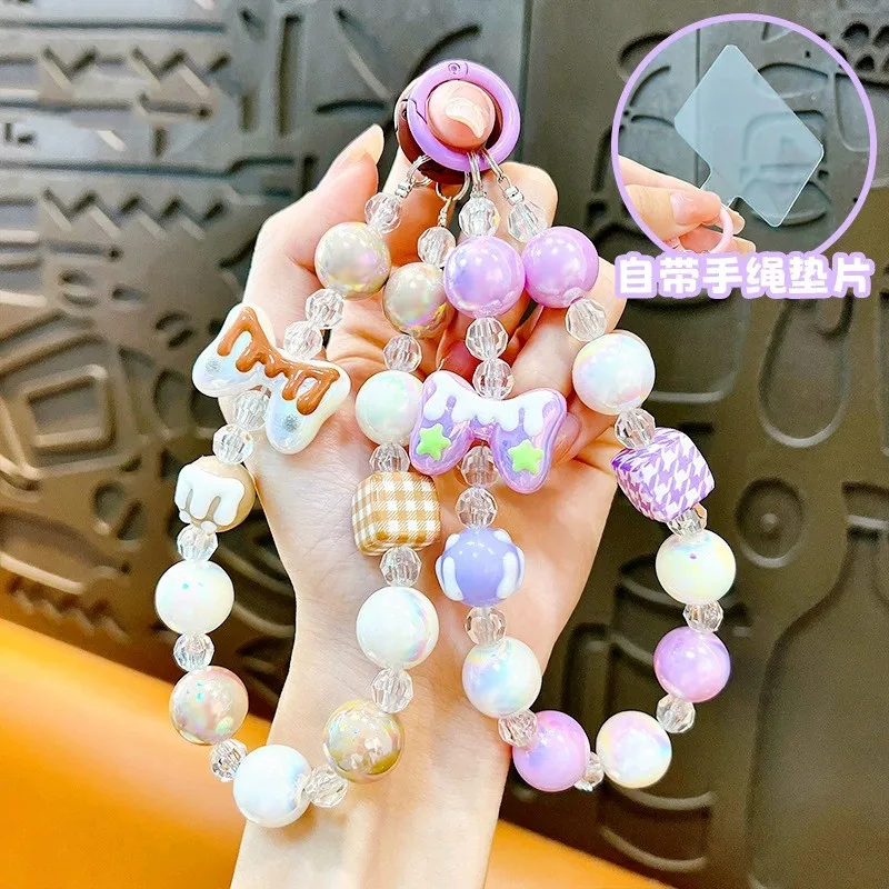 Universal Anti-Lost Phone Lanyard Strap with Bow Beaded Charm Wrist Chain for iPhone Samsung DIY Pendant Accessory