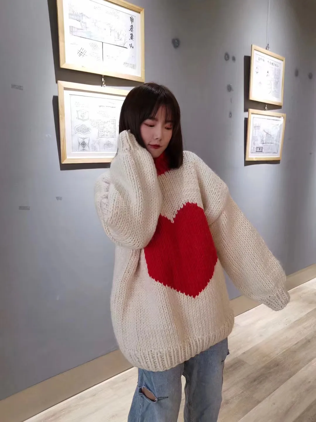 2024 Autumn Fashion Loose Lazy Large Coarse Thread Long Sleeve Women's Pure Wool Knitted Sweater Hand woven Love Pullover