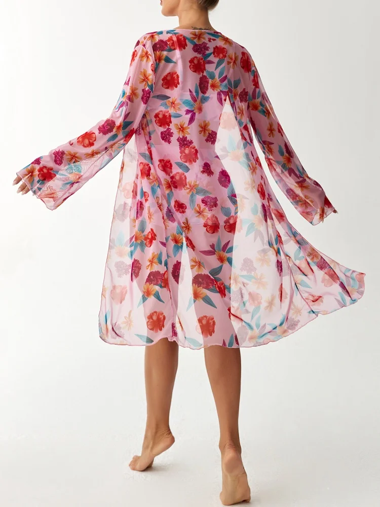 بيكيني النساء ملابس السباحة 2026 طباعة حبال البيكينيات مجموعة مثير عالية الخصر ملابس الصيف طويلة الأكمام شبكة الشاطئ ثوب السباحة الإناث #6