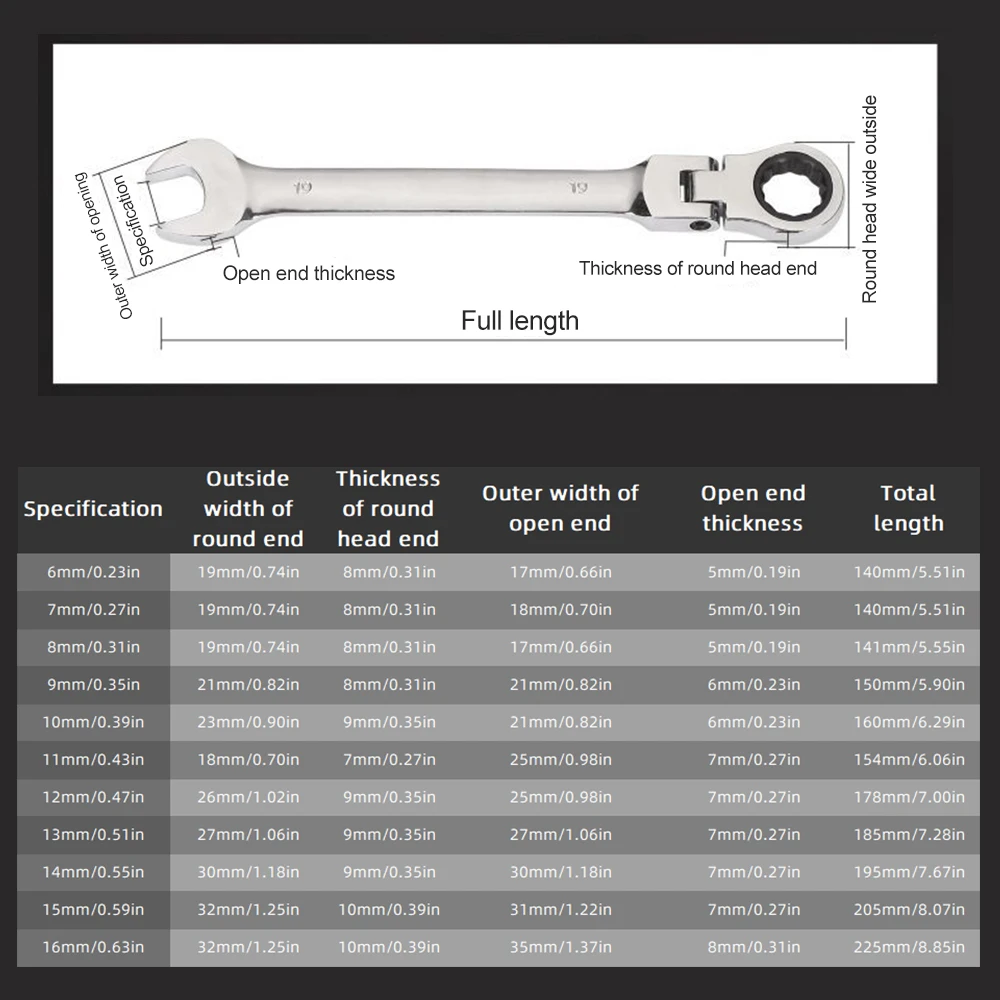 Imagem -02 - Flex Head Ratchet Wrench Metric Ratcheting Combination Chave Chave Hardware Ferramenta de Mão Níquel Chapeamento 72 Dentes 616 mm