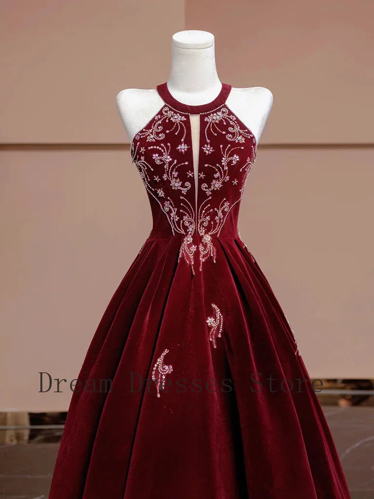 Customized Chinese Style Velour Applique Sequined Beading Draped A-line Halter Long Dresses Bespoke Occasion Dresses Elegant